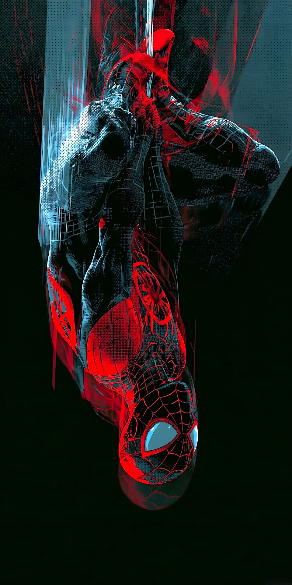 Costumed hero hanging upside down with abstract red glitch ink brushstrokes - Free 4K mobile Wallpaper
