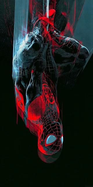 An upside-down masked hero hangs from a web against a black background filled with energetic red and cyan brush strokes.