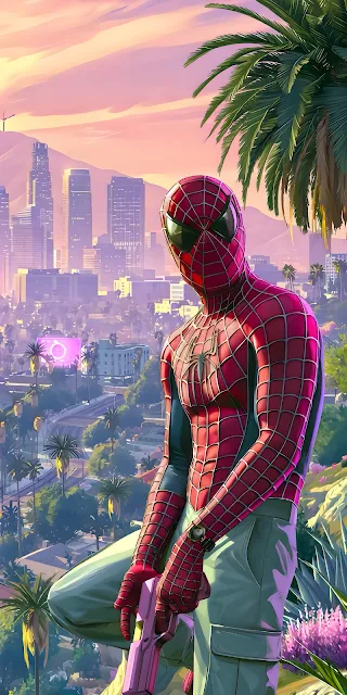 A masked hero in a red suit and light pants stands on a hillside with palm trees overlooking a sunset city.