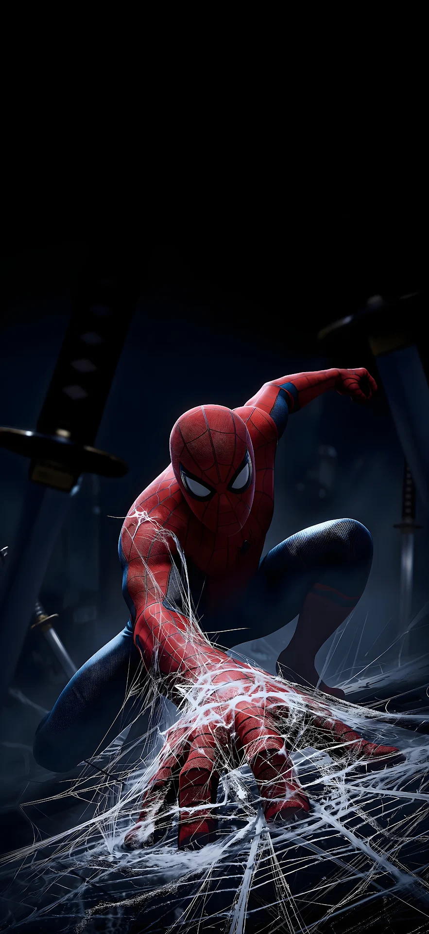 Costumed hero shooting silk webbing in a dark atmospheric setting - Free 4K mobile Wallpaper