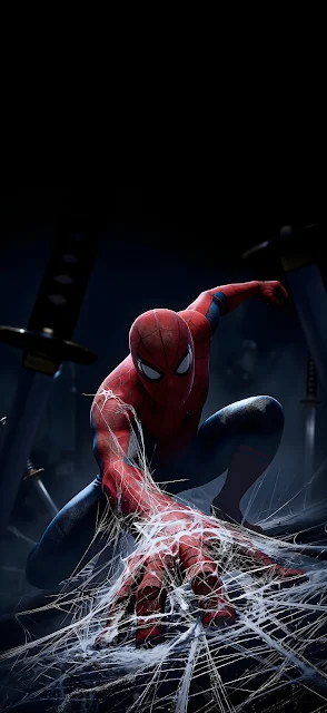A 3D rendered superhero crouches in the dark reaching forward as detailed white webs shoot from his hand.