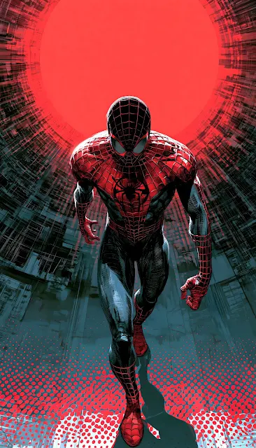 A comic book hero in a red and black webbed suit walks forward out of a glowing red circle.