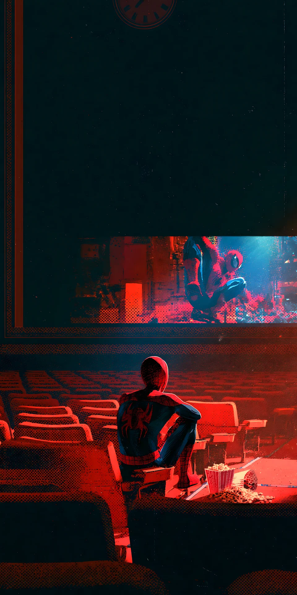 Costumed hero watching a movie inside an empty cinema theater - Free 4K mobile Wallpaper