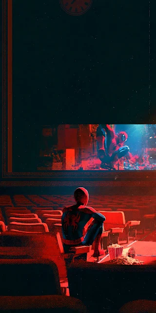 A masked hero sits alone in a dark theater watching a glowing movie screen showing an action scene.