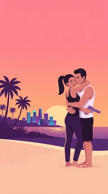 Man and woman embracing on a sandy beach against a pink sunset sky, tropical palm trees, and an illuminated city skyline.