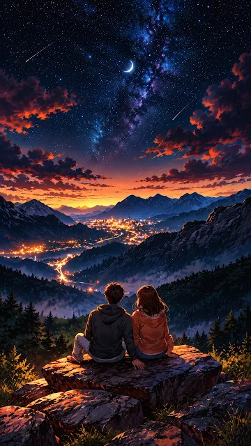 A young couple sitting on a rocky cliff edge at dusk, looking down over a glowing valley town under a starry night sky.