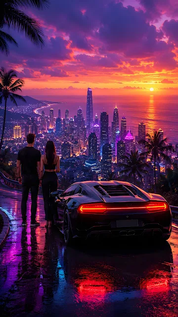 Rear view of a young man and woman standing next to a sleek sports car on a hill overlooking a neon coastal city at sunset.