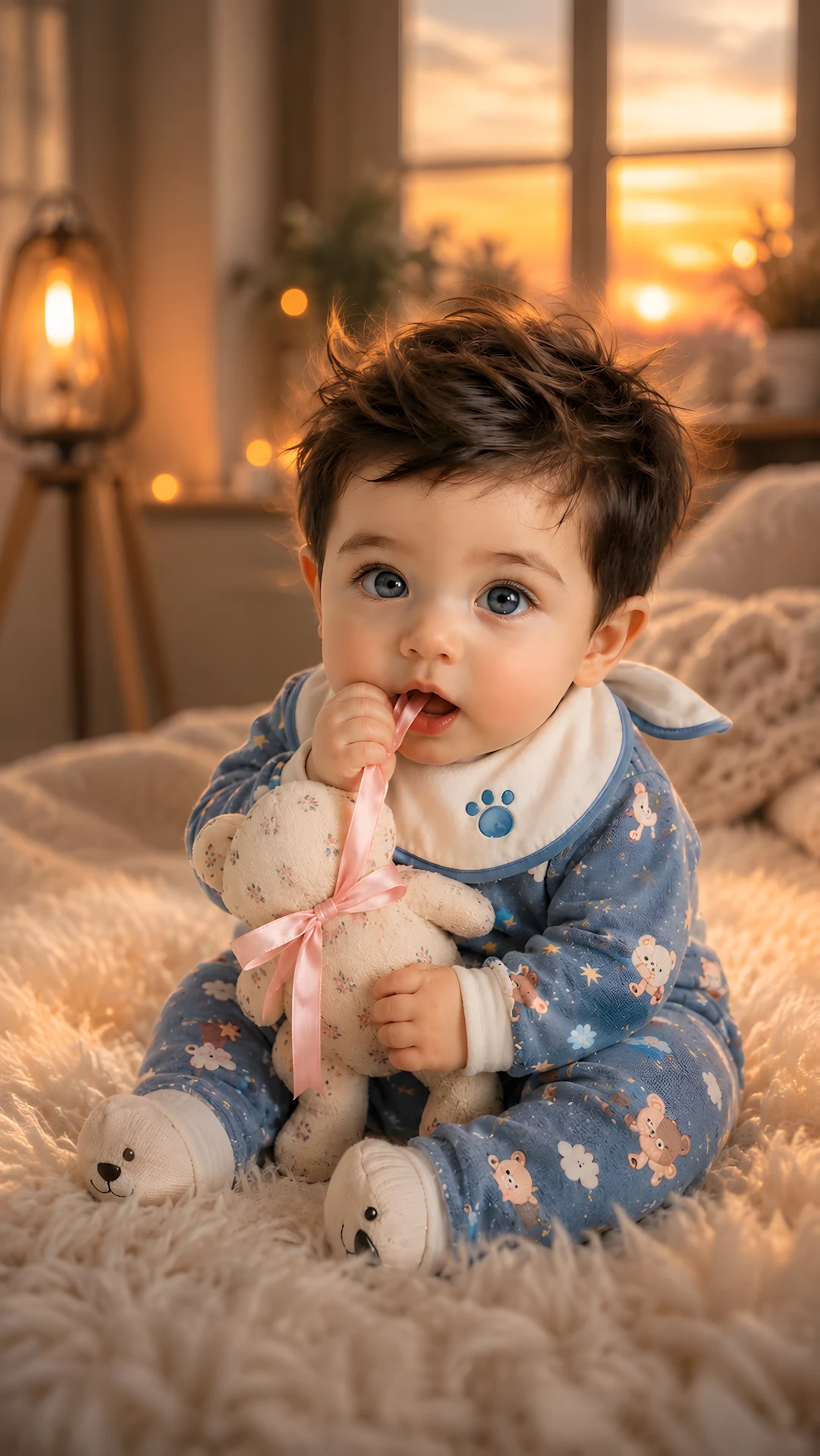 Cozy Baby Holding Teddy at Golden Hour - Free 4K mobile Wallpaper