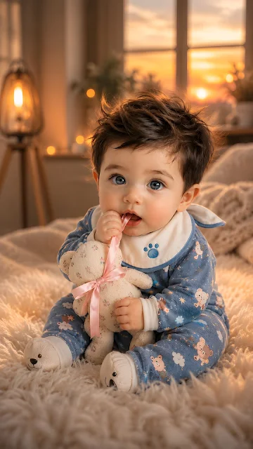 Baby in blue sleepwear holding a soft teddy bear on a cream rug in warm golden-hour light.