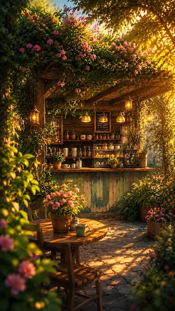 An inviting outdoor garden coffee shop surrounded by blooming pink flowers, wooden tables, and warm lantern lighting.