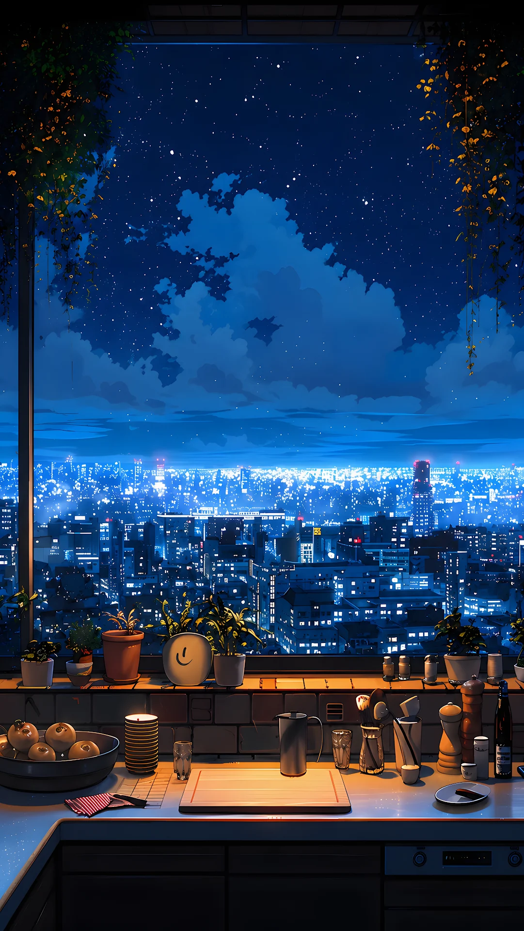 Cozy Kitchen Overlooking a Starry City - Free 4K mobile Wallpaper