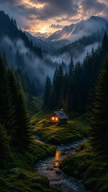 A glowing wooden cabin beside a winding stream in a lush green valley surrounded by misty pine trees and mountains.