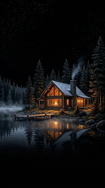 Cozy Log Cabin Lakeside Starry Night Mist Mobile Wallpaper - Free 4K & 8K mobile Wallpaper