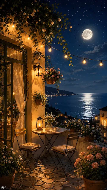 A stone balcony with chairs lantern light and potted flowers overlooking a quiet sea under a full moon night sky.