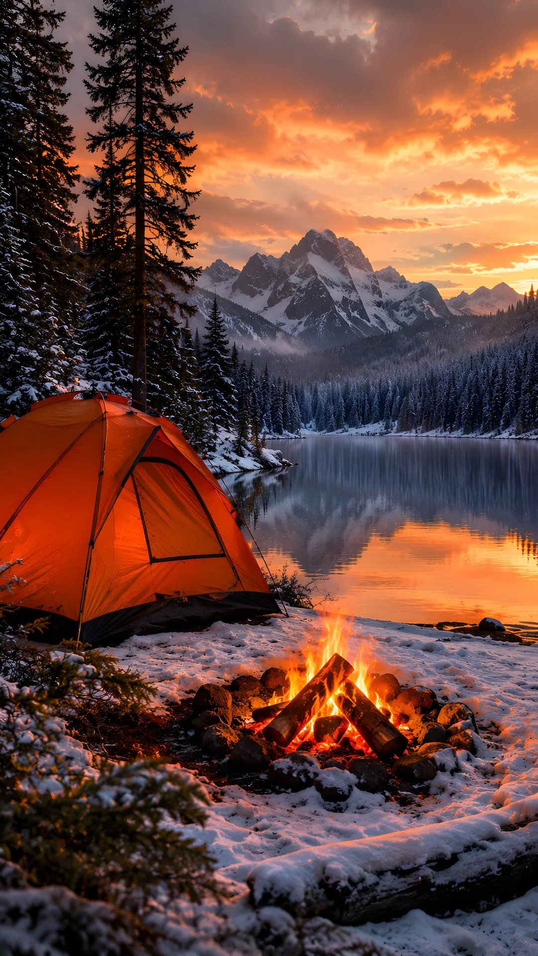 Cozy orange tent and bonfire on snowy lake shore at sunset - Free 4K mobile Wallpaper