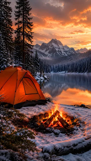 An orange camping tent and a crackling bonfire on a snowy lakeshore with snow-capped mountains and a sunset in the background.