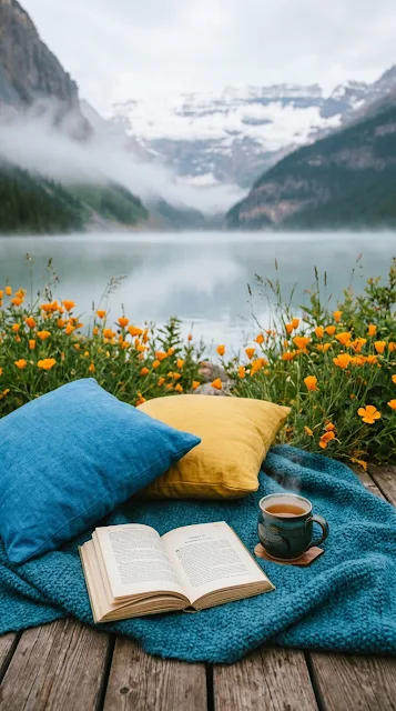 Cozy Outdoor Reading Spot with Pillows and Tea by a Lake - Free 4K & 8K mobile Wallpaper