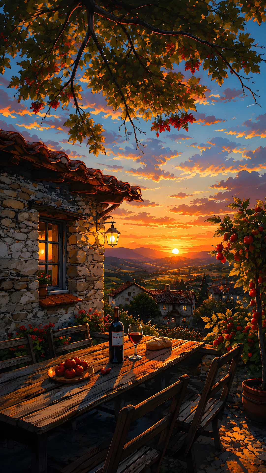 Cozy rustic stone balcony overlooking countryside village at golden sunset - Free 4K mobile Wallpaper