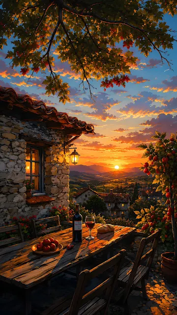 Wooden dining table on a rustic stone balcony with a bottle of wine and glass overlooking a valley at sunset.