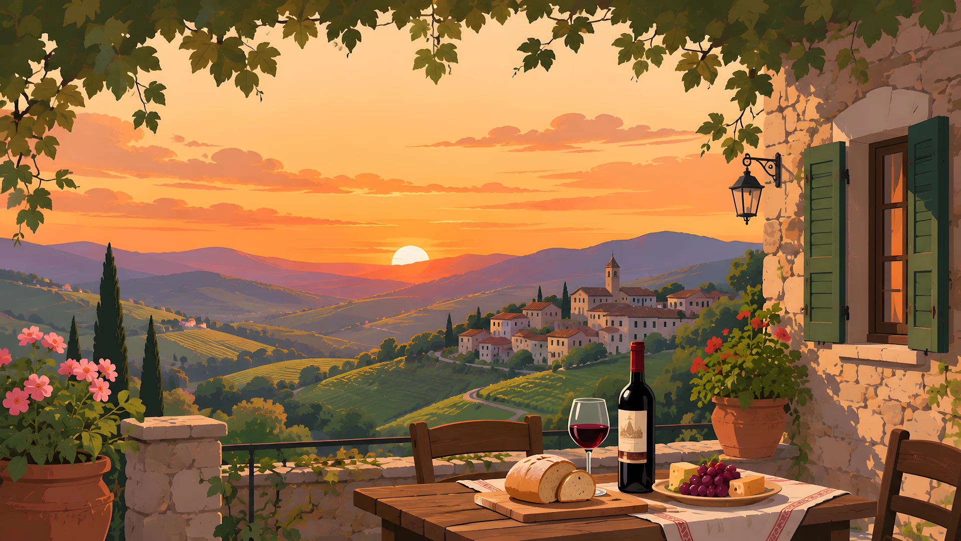 Cozy rustic stone balcony overlooking countryside village at golden sunset - Free 4K desktop Wallpaper