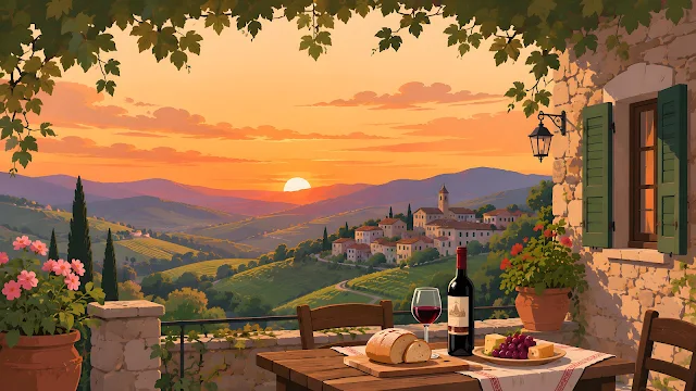 Wooden dining table on a rustic stone balcony with a bottle of wine and glass overlooking a valley at sunset.