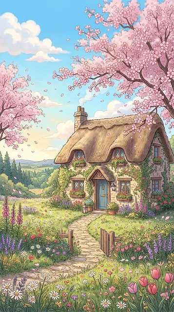 Cozy Spring Cottage with Blooming Flower Meadow and Cherry Blossoms - Free 4K & 8K mobile Wallpaper