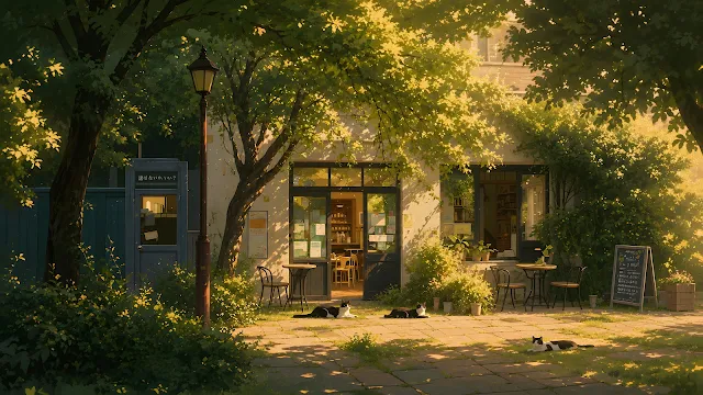 Warm anime-style digital painting of a sun-dappled cafe storefront surrounded by lush green trees with sleeping cats on a cobblestone patio.