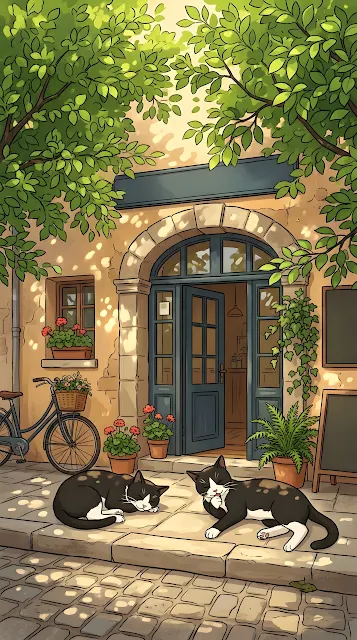Cozy Urban Cafe Entrance with Potted Herbs and Sleeping Cats - Free mobile Wallpaper