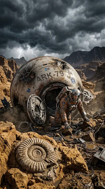 Crashed Space Capsule on Desert Planet Near Ancient Fossil - Free 4K & 8K mobile Wallpaper
