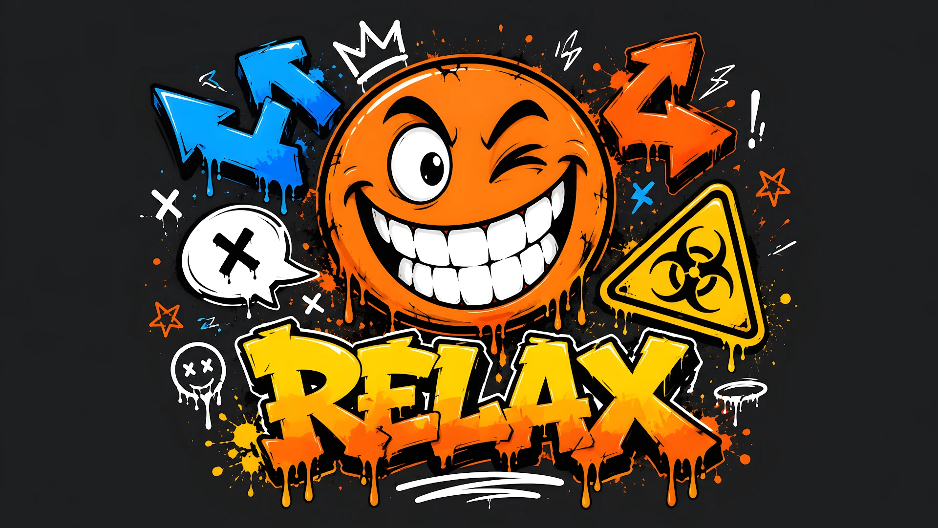 Crazy Winking Orange Smiley Character with Relax Graffiti Artwork - Free 4K desktop Wallpaper