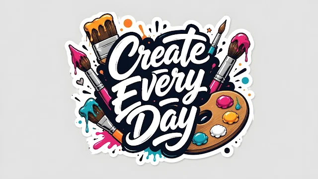 Die-cut sticker graphic featuring text Create Every Day surrounded by colorful paintbrushes and an artist paint palette.