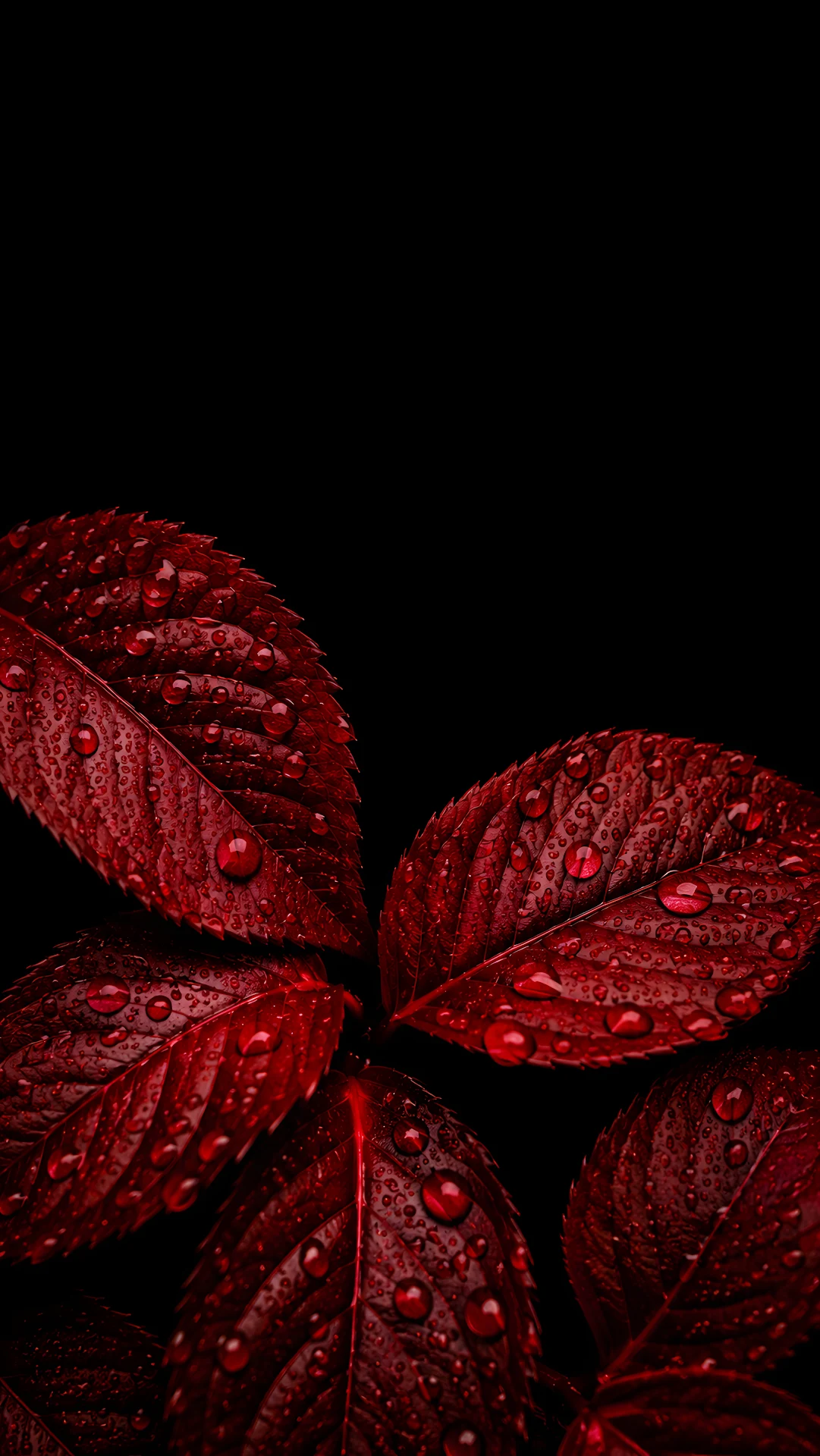 Crimson Leaves With Rain Droplets on Black - Free 4K mobile Wallpaper