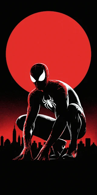 Silhouette illustration of a crouching masked superhero against a giant red circular moon and black city skyline.
