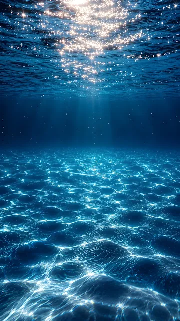 Underwater view looking up toward shimmering sunlight on the surface of bright blue clear ocean water.