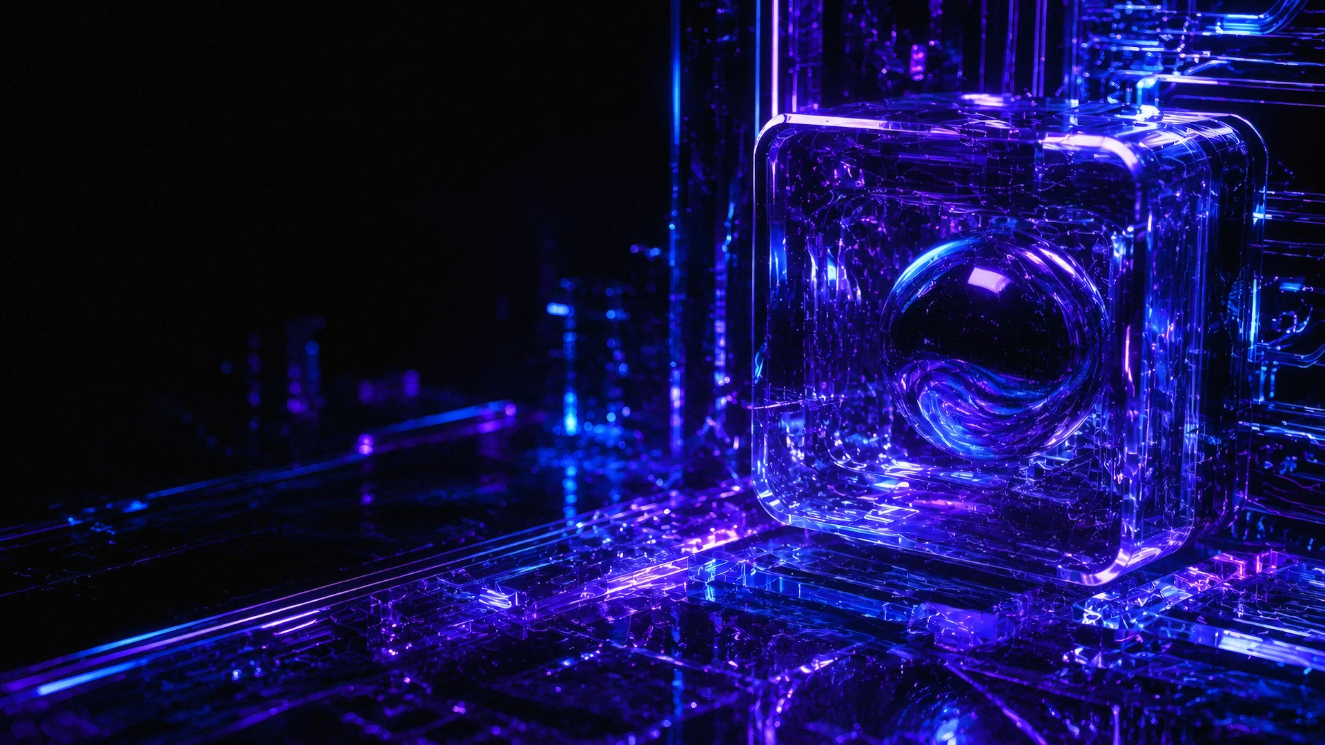 Crystalline processor cube glowing with vibrant violet circuit paths - Free 4K desktop Wallpaper