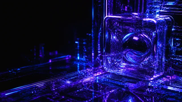 A transparent glass cube housing a spherical orb surrounded by intricate glowing violet circuit lines on a dark floor.