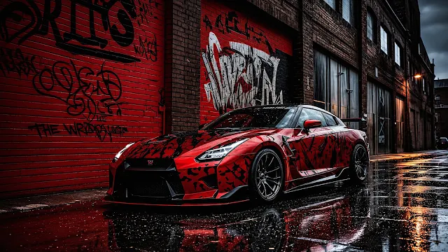 Red and black customized Nissan GT-R sports coupe parked on wet reflective pavement in front of a red graffiti brick wall.