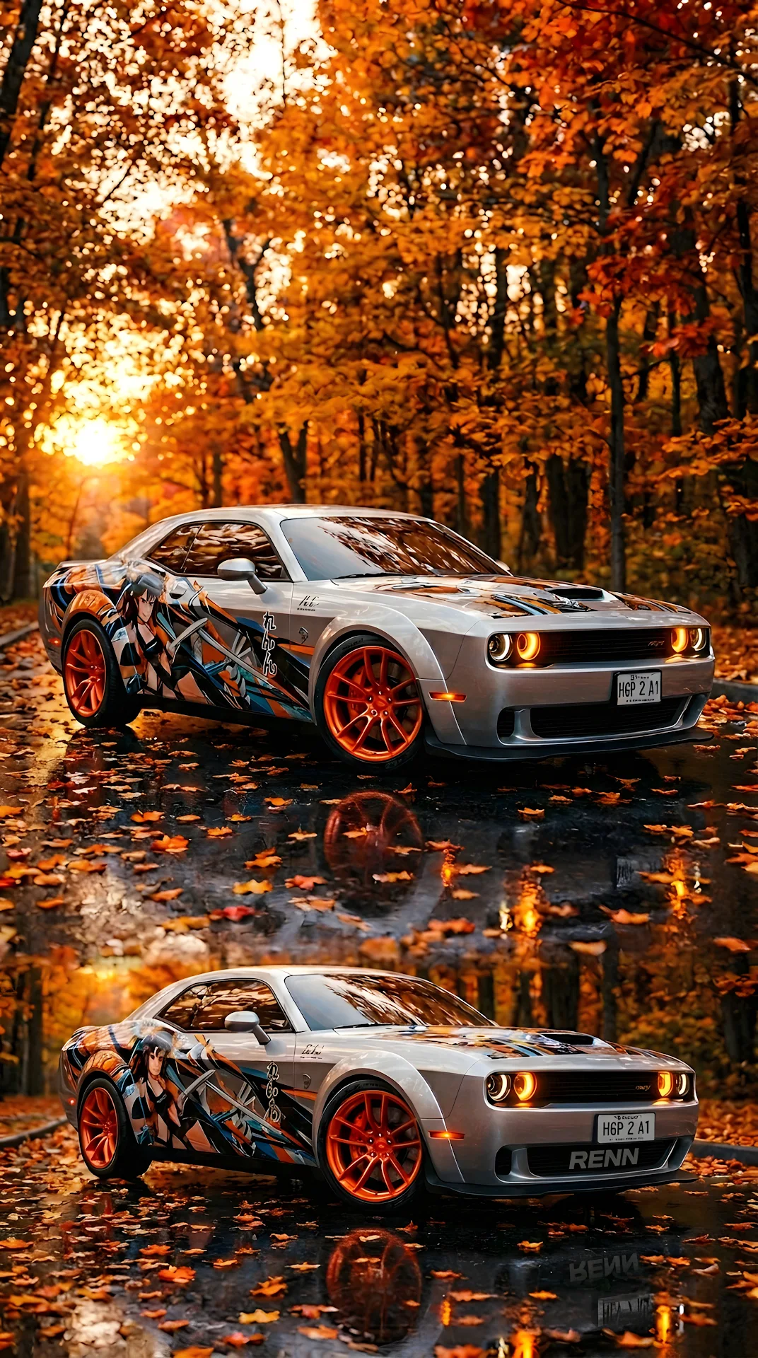 Custom Wrapped Muscle Car on Wet Autumn Street - Free 4K mobile Wallpaper