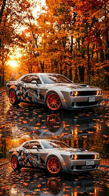 Custom Wrapped Muscle Car on Wet Autumn Street - Free mobile Wallpaper