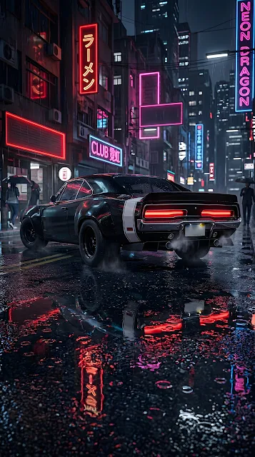 Customized Black Car in a Rainy Neon City Alley - Free mobile Wallpaper
