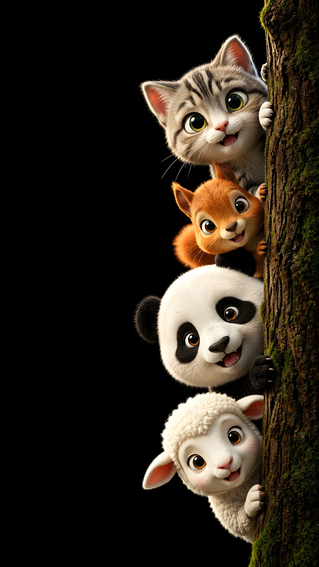Cute 3D animated kitten squirrel panda lamb peeking behind tree - Free 4K mobile Wallpaper