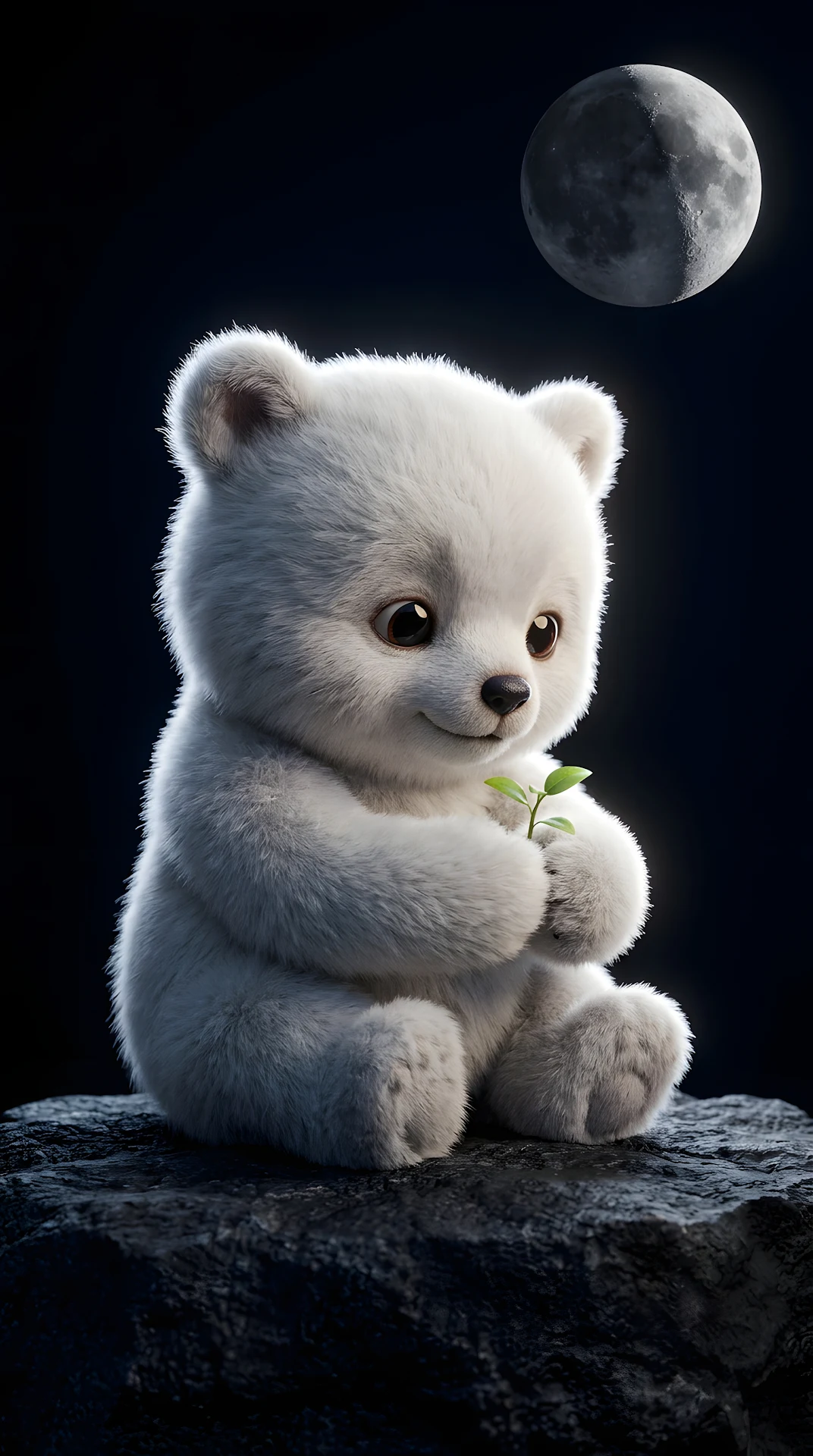 Cute 3D Fluffy Bear Holding A Leaf Under The Moon - Free 4K mobile Wallpaper