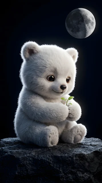 Cute 3D Fluffy Bear Holding A Leaf Under The Moon - Free mobile Wallpaper