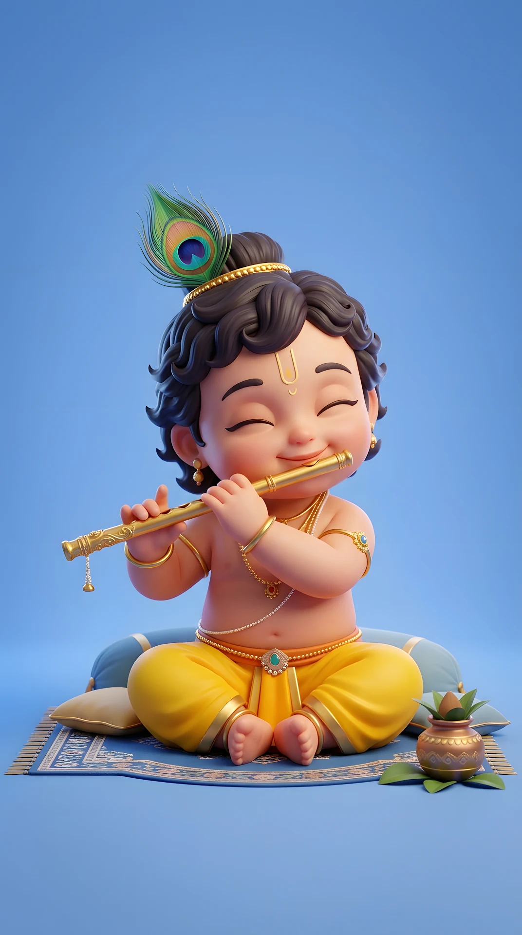 Cute 3D Render of Baby Krishna Playing Flute - Free 4K mobile Wallpaper