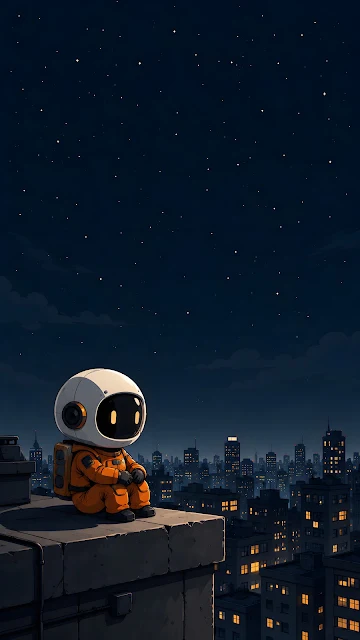 Digital illustration of a small cute robot in an orange spacesuit sitting on a concrete rooftop edge overlooking a dark city skyline at night.