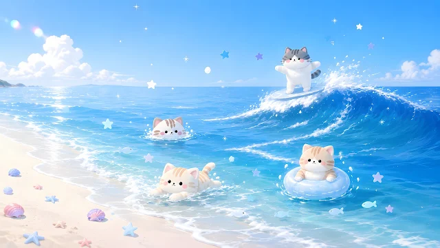Bright anime-style vector illustration of adorable cartoon cats swimming, floating on an inner tube, and surfing on ocean waves.