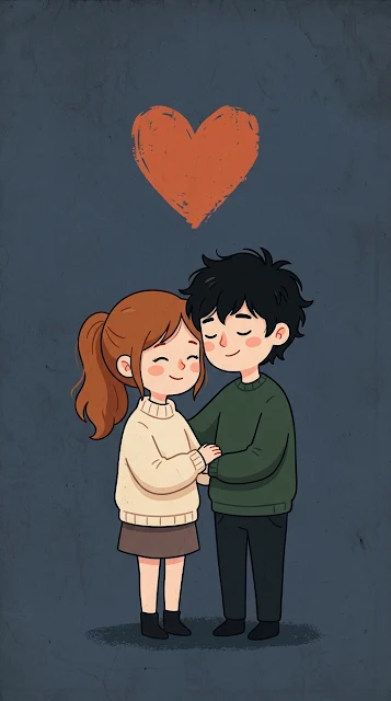 Cute Cartoon Couple in Love under Red Heart - Free 4K & 8K mobile Wallpaper