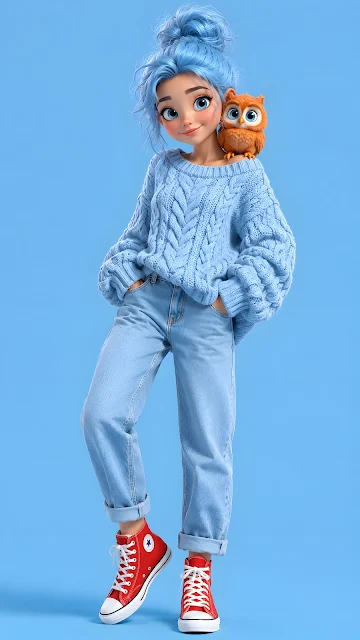 A stylized 3D render of a blue-haired girl in a thick blue knit sweater with a tiny orange owl perched on her shoulder, on a light blue background.