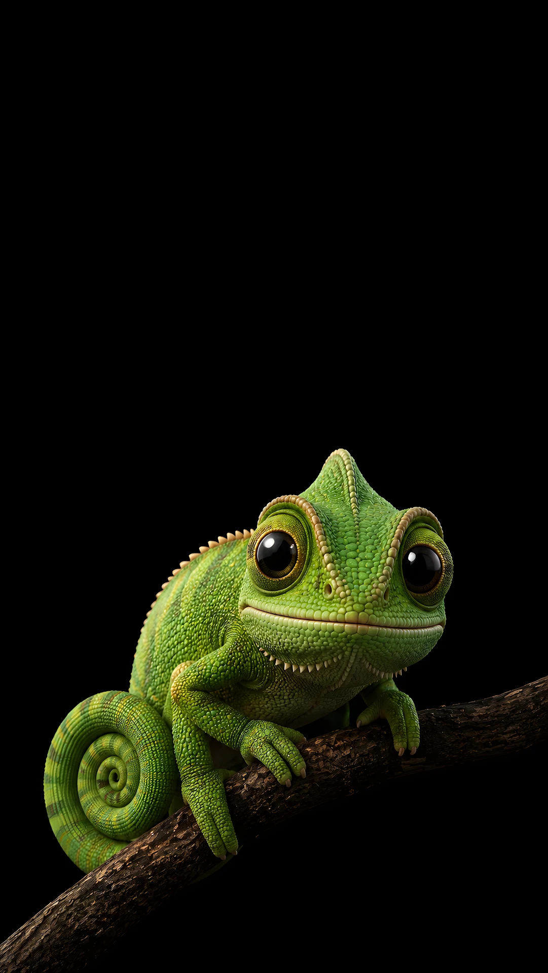 Cute cartoon green chameleon sitting on wooden branch against black background - Free 4K mobile Wallpaper