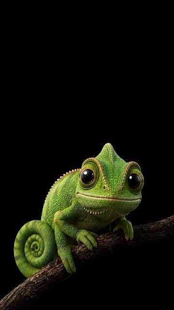 A stylized 3D green chameleon character with large glossy eyes perching on a dark wooden branch against black.